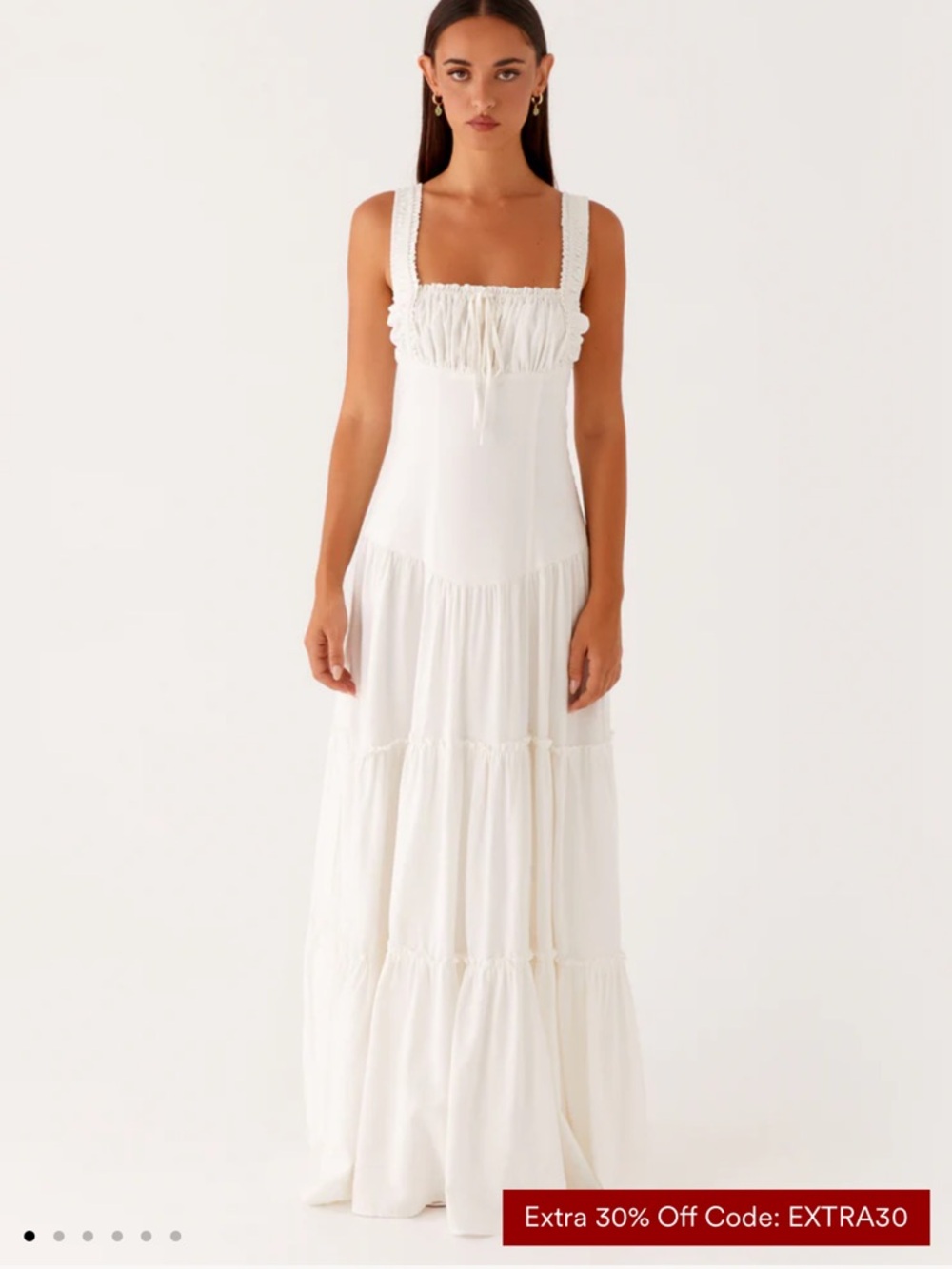 Peppermayo White Maxi Dress with Ruched Bodice